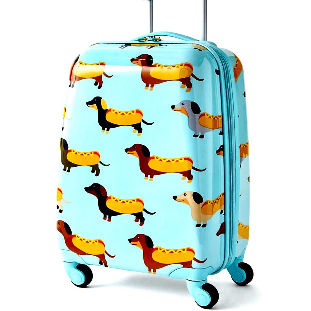 Blue HOT DOG DACHSHUND Luggage with spinning wheels and matching neck pillow